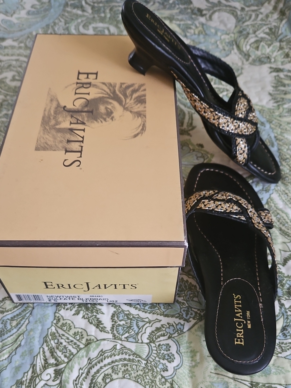 Eric Javits Black and Gold Braided Heel Mules